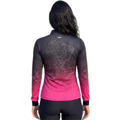 Camiseta Feminina BRK Agro Camuflado Preto E Rosa Bandeira Do Brasil UV50+ Manga Longa Gola Padre Com Ziper REF:C02001BL