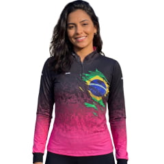 Camiseta Feminina BRK Agro Camuflado Preto E Rosa Bandeira Do Brasil UV50+ Manga Longa Gola Padre Com Ziper REF:C02001BL Camiseta Feminina BRK Agro Camuflado Preto E Rosa Bandeira Do Brasil UV50+ Manga Longa Gola Padre Com Ziper REF:C02001BL