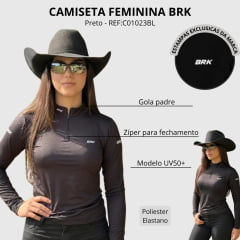 Camiseta Feminina BRK Básica Manga Longa Preta UV50+ Gola Padre Zíper Ref:C01023BL