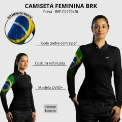 Camiseta Feminina BRK Preta Manga Longa UV50+ Bandeira Brasil Na Manga Gola Padre Zíper Ref:C01794BL