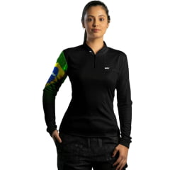 Camiseta Feminina BRK Preta Manga Longa UV50+ Bandeira Brasil Na Manga Gola Padre Zíper Ref:C01794BL