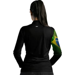 Camiseta Feminina BRK Preta Manga Longa UV50+ Bandeira Brasil Na Manga Gola Padre Zíper Ref:C01794BL