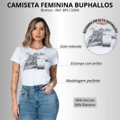 Camiseta Feminina Buphallos Branca Manga Curta Com Brilho Estampa 3 Tambores Ref. BPL1330A