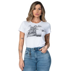 Camiseta Feminina Buphallos Branca Manga Curta Com Brilho Estampa 3 Tambores Ref. BPL1330A