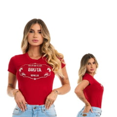 Camiseta Feminina Buphallos T Shirt Manga Curta Vermelha Com Brilho Bruta Luxo Prata Ref: BPL 1045