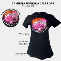 Camiseta Feminina Calf Rope Jeans Baby Look Manga Curta Preta Estampada Yellowstone Branco Rosa Ref: 687