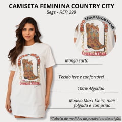 Camiseta Feminina Country City Bege Maxi T-shirt Manga Curta Com Desenho De Botas REF: 299