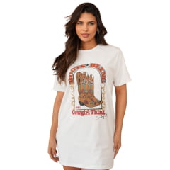 Camiseta Feminina Country City Bege Maxi T-shirt Manga Curta Com Desenho De Botas REF: 299