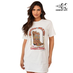 Camiseta Feminina Country City Bege Maxi T-shirt Manga Curta Com Desenho De Botas REF: 299