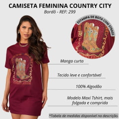 Camiseta Feminina Country City Bordô Maxi Tshirt Manga Curta Com Desenho De Botas REF: 299