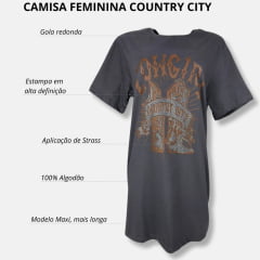 Camiseta Feminina Country City Cinza Chumbo Maxi T-Shirt Manga Curta Com Brilho Ref.299