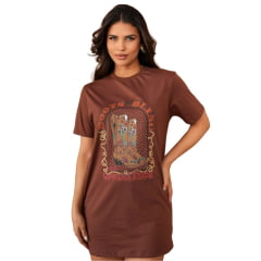 Camiseta Feminina Country City Marrom Maxi Tshirt Manga Curta Com Desenho De Botas REF: 299