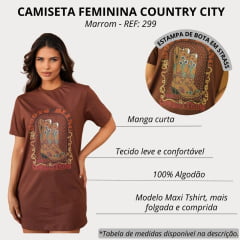 Camiseta Feminina Country City Marrom Maxi Tshirt Manga Curta Com Desenho De Botas REF: 299