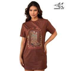 Camiseta Feminina Country City Marrom Maxi Tshirt Manga Curta Com Desenho De Botas REF: 299