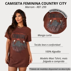 Camiseta Feminina Country City Marrom Maxi Tshirt Manga Curta Com Desenho De Cowgirl REF: 299