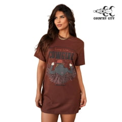 Camiseta Feminina Country City Marrom Maxi Tshirt Manga Curta Com Desenho De Cowgirl REF: 299