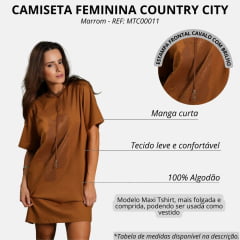 Camiseta Feminina Country City Maxi Tshirt Caramelo/Marrom Com Bordado Cavalo Com Brilho REF: MTC00011