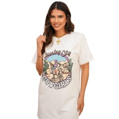 Camiseta Feminina Country City Maxi Tshirt Off White Com Escrita Cowgirls Com Brilho REF: MT001111