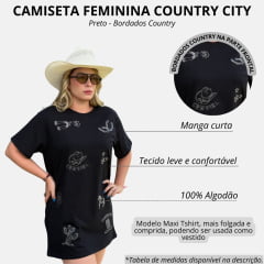 Camiseta Feminina Country City Maxi Tshirt Preto Com Bordados Country