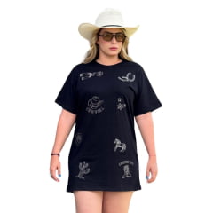 Camiseta Feminina Country City Maxi Tshirt Preto Com Bordados Country