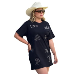 Camiseta Feminina Country City Maxi Tshirt Preto Com Bordados Country