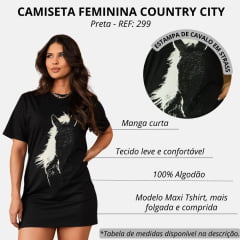 Camiseta Feminina Country City Preta Maxi Tshirt Manga Curta Com Desenho De Cavalo Com Brilho REF: 299