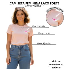 Camiseta Feminina Laço Forte T-Shirt Básica Salmão Logo Rosa Ref:280511