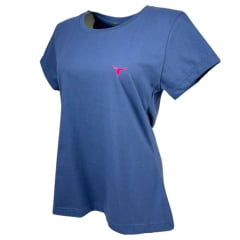 Camiseta Feminina Laço Forte T-Shirt Manga Curta Básica Azul Jeans Com Logo Rosa Neon Ref:384