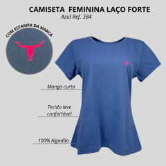 Camiseta Feminina Laço Forte T-Shirt Manga Curta Básica Azul Jeans Com Logo Rosa Neon Ref:384