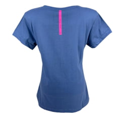 Camiseta Feminina Laço Forte T-Shirt Manga Curta Básica Azul Jeans Com Logo Rosa Neon Ref:384