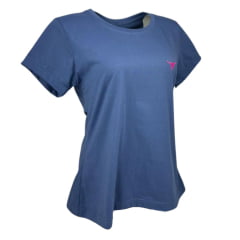 Camiseta Feminina Laço Forte T-Shirt Manga Curta Básica Azul Jeans Com Logo Rosa Neon Ref:384