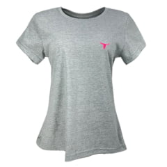 Camiseta Feminina Laço Forte T-Shirt Manga Curta Básica Cinza Mescla Com Logo Rosa Neon Ref:384