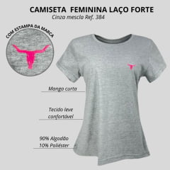 Camiseta Feminina Laço Forte T-Shirt Manga Curta Básica Cinza Mescla Com Logo Rosa Neon Ref:384