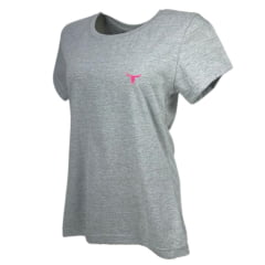 Camiseta Feminina Laço Forte T-Shirt Manga Curta Básica Cinza Mescla Com Logo Rosa Neon Ref:384