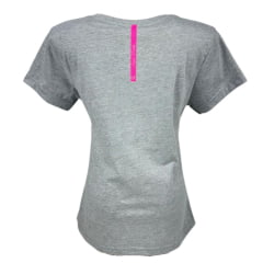 Camiseta Feminina Laço Forte T-Shirt Manga Curta Básica Cinza Mescla Com Logo Rosa Neon Ref:384