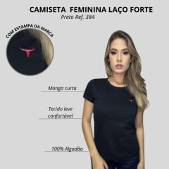 Camiseta Feminina Laço Forte T-Shirt Manga Curta Básica Preta Com Logo Rosa Neon