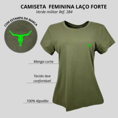 Camiseta Feminina Laço Forte T-Shirt Manga Curta Básica Verde Militar Com Logo Verde Neon Ref:384