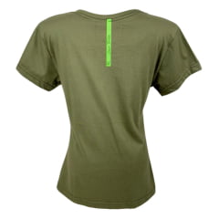 Camiseta Feminina Laço Forte T-Shirt Manga Curta Básica Verde Militar Com Logo Verde Neon Ref:384