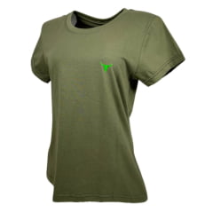 Camiseta Feminina Laço Forte T-Shirt Manga Curta Básica Verde Militar Com Logo Verde Neon Ref:384