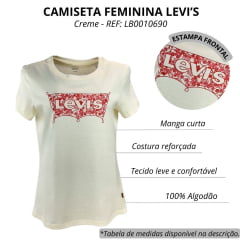 Camiseta Feminina Levi's Manga Curta Creme Com Logo Estampada E Com Detalhes Flores Em Vermelho REF: LB0010690