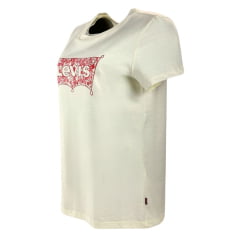 Camiseta Feminina Levi's Manga Curta Creme Com Logo Estampada E Com Detalhes Flores Em Vermelho REF: LB0010690