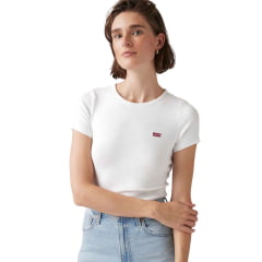 Camiseta Feminina Levi's Slim Fit Manga Curta Branco Com Logo Bordada Vermelho Ref:001J30006