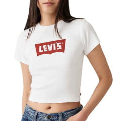 Camiseta Feminina Levis Branca Cropped Manga Curta Com Logo Em Marrom REF: LB0010544