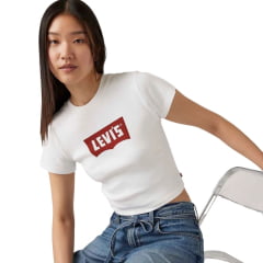 Camiseta Feminina Levis Branca Cropped Manga Curta Com Logo Em Marrom REF: LB0010544