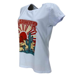 Camiseta Feminina Marikota Western Branco Manga Curta Estampada Deserto Ref:M-2025-003