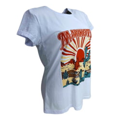 Camiseta Feminina Marikota Western Branco Manga Curta Estampada Deserto Ref:M-2025-003