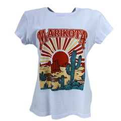 Camiseta Feminina Marikota Western Branco Manga Curta Estampada Deserto Ref:M-2025-003