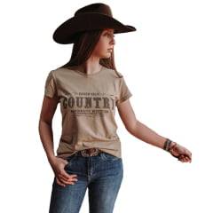 Camiseta Feminina Marikota Western Kaqui Manga Curta Estampada Good Old Country Ref:M-2025-005
