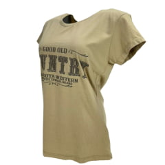 Camiseta Feminina Marikota Western Kaqui Manga Curta Estampada Good Old Country Ref:M-2025-005