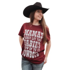 Camiseta Feminina Marikota Western Manga Curta Bordô Oversized Estampada Em Branco Ref:M2025-004